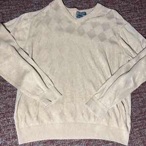 Lyle & scott Scotland Men's Light Tan V-Neck Sweater monochromatic argyle medium